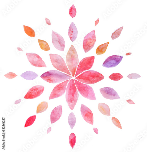 Mandala like decoration leaves in a circle. Floral watercolor pink red element. Stylized leaves.