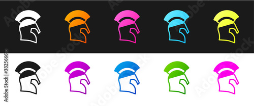 Set Greek helmet icon isolated on black and white background. Antiques helmet for head protection soldiers with a crest of feathers or horsehair. Vector.