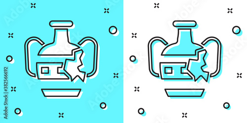 Black line Broken ancient amphorae icon isolated on green and white background. Random dynamic shapes. Vector.