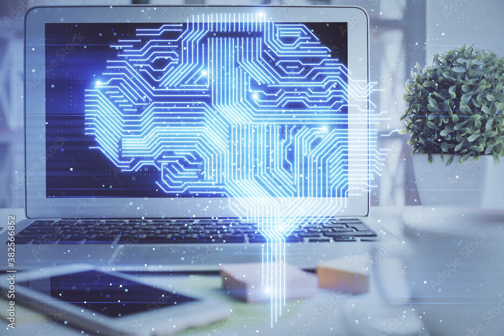 Double exposure of work space with computer and human brain drawing hologram. Brainstorm concept. Double exposure of work space with computer and human brain drawing hologram. Brainstorm concept.