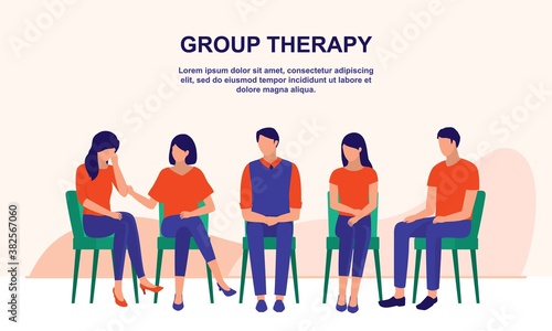 Group Therapy. Mental Health And Social Issues Concept. Vector Flat Cartoon Illustration.