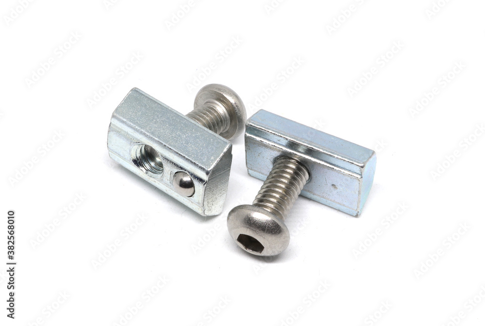 Stainless Button Head Socket Screws with Easy Nut Screw isolated on white background Stainless Button Head Socket Screws with Easy Nut Screw isolated on white background