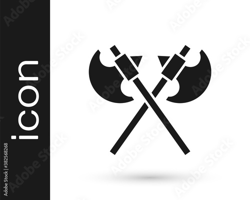 Black Crossed medieval axes icon isolated on white background. Battle axe, executioner axe. Medieval weapon. Vector.