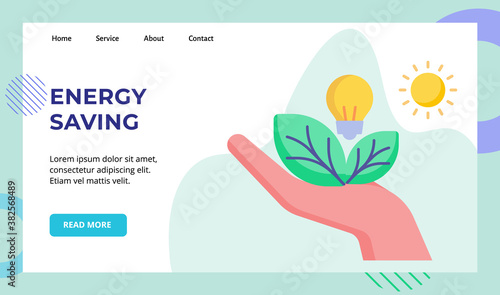 Energy saving hand hold leaf light bulb campaign for web website home homepage landing page template banner with flat style