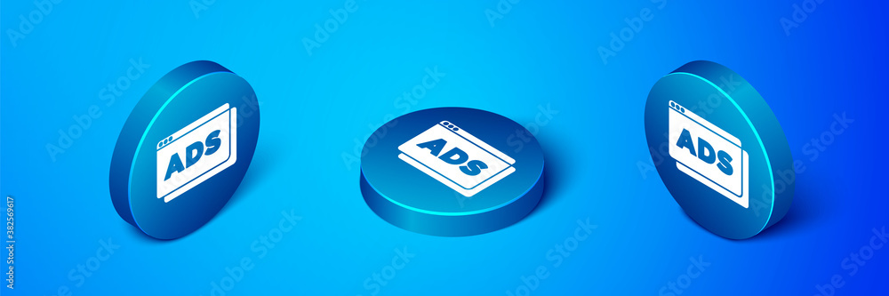 Isometric Advertising icon isolated on blue background. Concept of marketing and promotion process. Responsive ads. Social media advertising. Blue circle button. Vector. Isometric Advertising icon isolated on blue background. Concept of marketing and promotion process. Responsive ads. Social media advertising. Blue circle button. Vector.