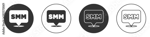Black SMM icon isolated on white background. Social media marketing, analysis, advertising strategy development. Circle button. Vector.