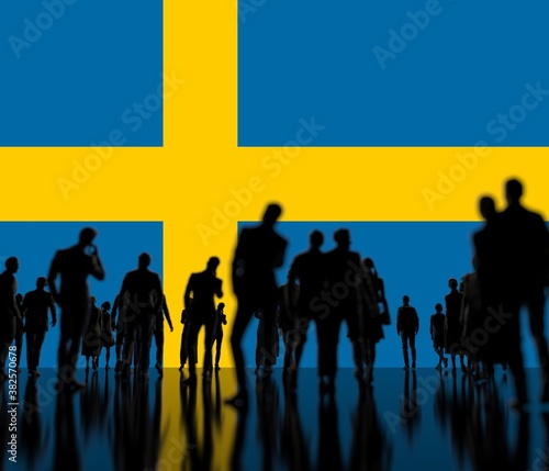 Fotografie Flag of Sweden and backlit crowd, 3d rendering