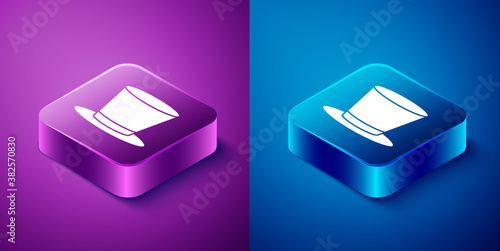 Isometric Cylinder hat icon isolated on blue and purple background. Square button. Vector.