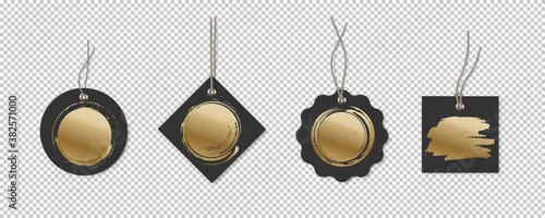 Black price or label tags with gold brush mockup template set. Cards with strings for sales of different shapes: round, rectangle, square. Stickers on transparent background vector illustration