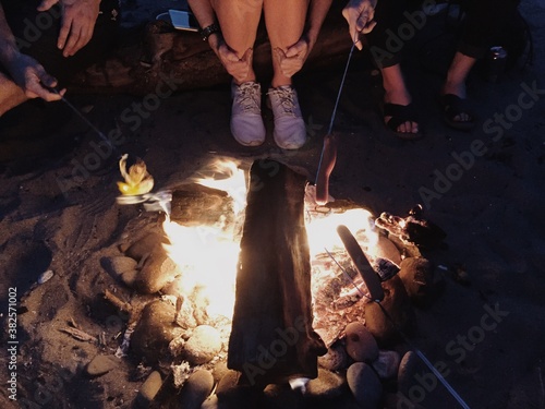 Group Of Friends Roasting Hotdogs And Marshmallows Over Beach Bonfire photo