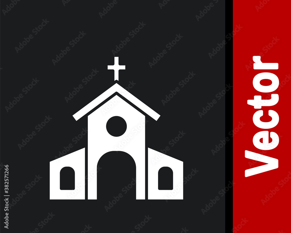 White Church building icon isolated on black background. Christian Church. Religion of church. Vector.