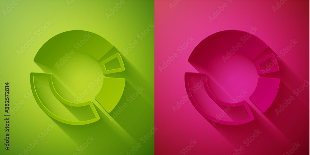 Paper cut Pie chart infographic icon isolated on green and pink background. Diagram chart sign. Paper art style. Vector. Paper cut Pie chart infographic icon isolated on green and pink background. Diagram chart sign. Paper art style. Vector.