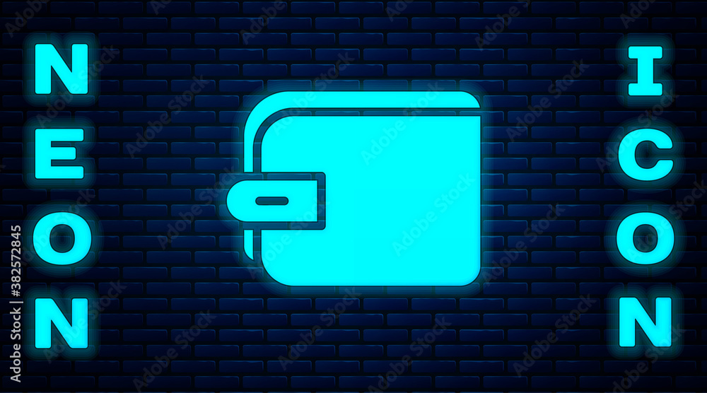 Glowing neon Wallet icon isolated on brick wall background. Purse icon. Cash savings symbol. Vector. Glowing neon Wallet icon isolated on brick wall background. Purse icon. Cash savings symbol. Vector.