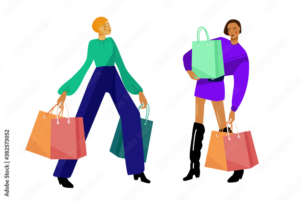 Urban shopping girls set. Fashion girls with shopping bags. Two persons.
