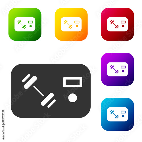 Black Fitness club, gym card icon isolated on white background. Set icons in color square buttons. Vector.