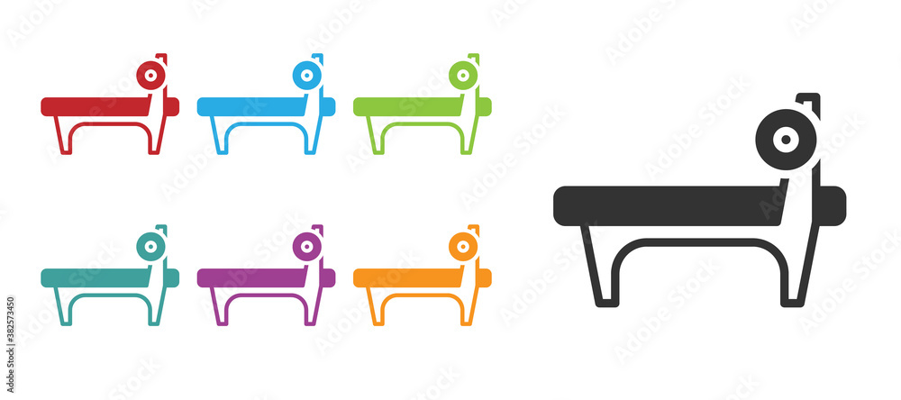 Black Bench with barbel icon isolated on white background. Gym equipment. Bodybuilding, powerlifting, fitness concept. Set icons colorful. Vector. Black Bench with barbel icon isolated on white background. Gym equipment. Bodybuilding, powerlifting, fitness concept. Set icons colorful. Vector.