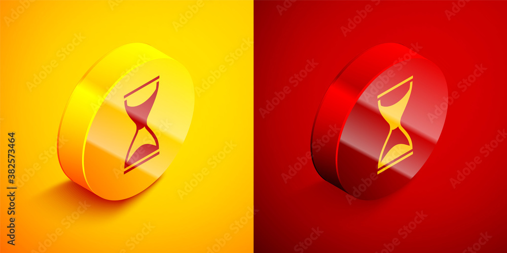 Isometric Old hourglass with flowing sand icon isolated on orange and red background. Sand clock sign. Business and time management concept. Circle button. Vector. Isometric Old hourglass with flowing sand icon isolated on orange and red background. Sand clock sign. Business and time management concept. Circle button. Vector.