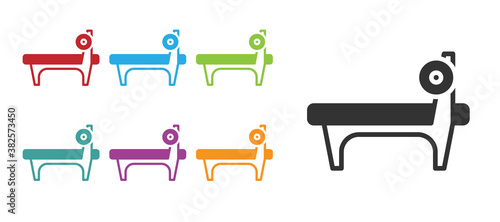 Black Bench with barbel icon isolated on white background. Gym equipment. Bodybuilding, powerlifting, fitness concept. Set icons colorful. Vector.