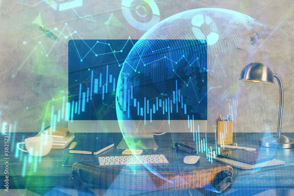 Double exposure of graph and financial info and work space with computer background. Concept of international online trading. Double exposure of graph and financial info and work space with computer background. Concept of international online trading.