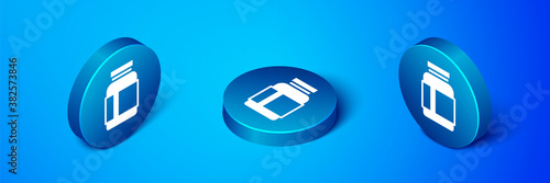 Isometric Sports nutrition bodybuilding proteine power drink and food icon isolated on blue background. Blue circle button. Vector.