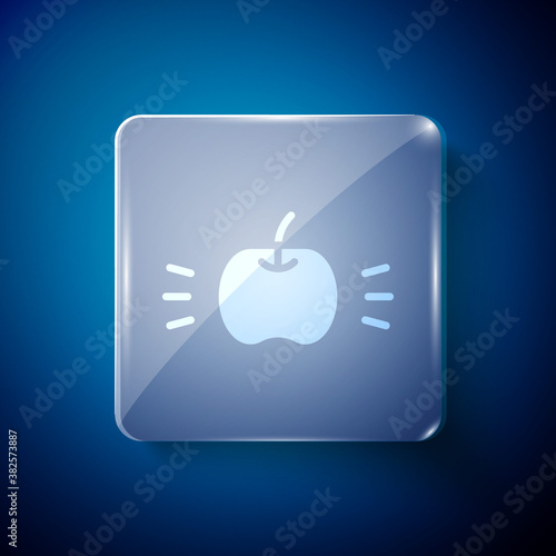 White Apple icon isolated on blue background. Fruit with leaf symbol. Square glass panels. Vector.