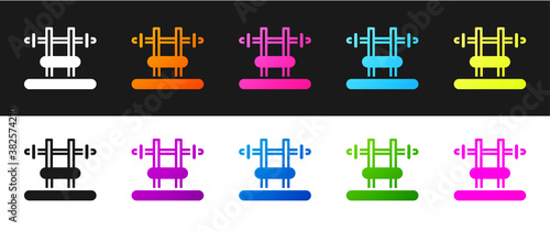Set Bench with barbel icon isolated on black and white background. Gym equipment. Bodybuilding, powerlifting, fitness concept. Vector.