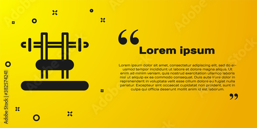 Black Bench with barbel icon isolated on yellow background. Gym equipment. Bodybuilding, powerlifting, fitness concept. Vector.