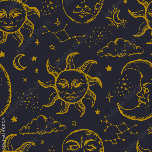 Mystic beautiful hand drawn seamless pattern with sun, moon, stars, sky and galaxy vector