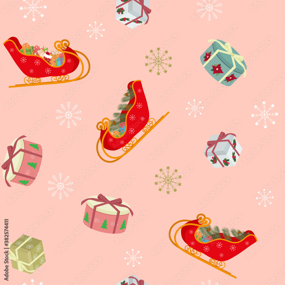 SSeamless festive vector illustration with Santa's sleigh, gifts, bullfinches