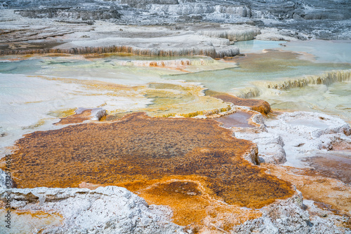 hydrothermal areas of mammoth hot springs in yellowstone national park, wyoming in the usa