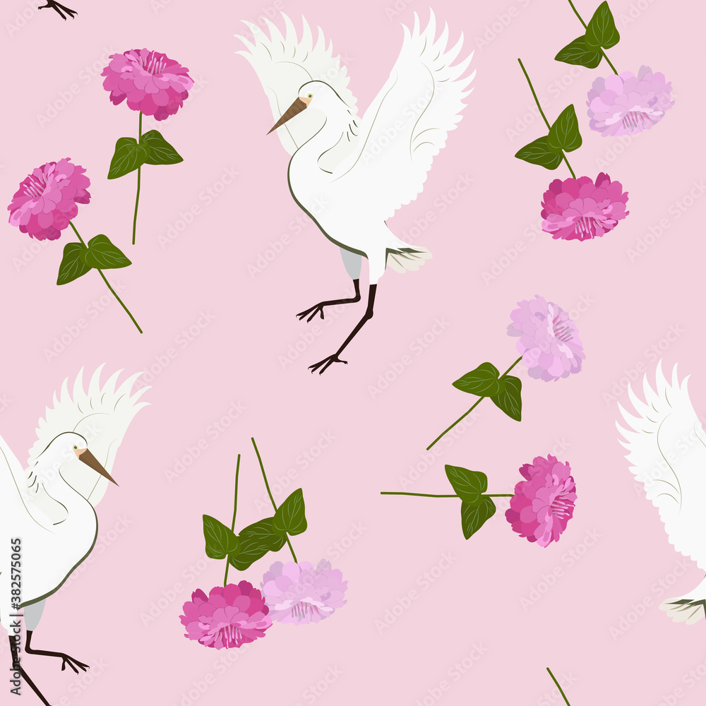 Seamless vector illustration with birds cranes and chrysanthemum.