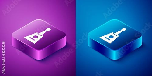 Isometric Musical instrument balalaika icon isolated on blue and purple background. Square button. Vector.