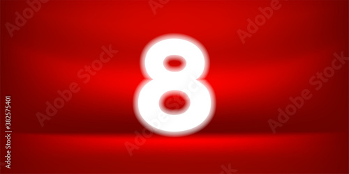 Number eight white glow on red luxurious background, No. 8 on red background, Number 8 for Banner Anniversary