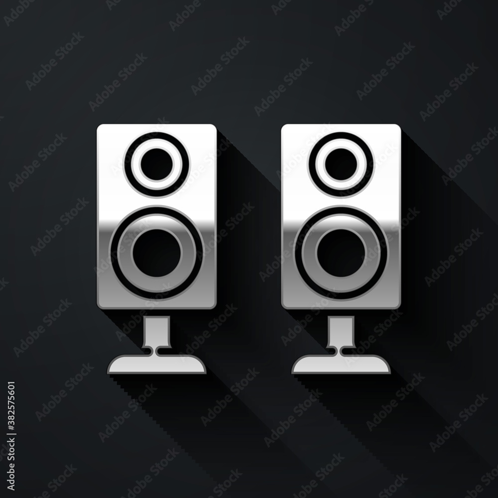 Vektorová grafika „Silver Stereo speaker icon isolated on black background.  Sound system speakers. Music icon. Musical column speaker bass equipment.  Long shadow style. Vector.“ ze služby Stock | Adobe Stock
