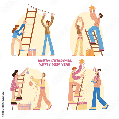  Men, women and children decorating Christmas tree. Merry Xmas Holiday Party. Characters Celebrating New Year Eve. Winter Christmas scenery.