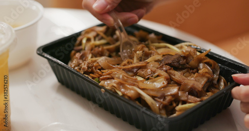 Fried soy sauce noodle take away and eat at home, Hong Kong local food