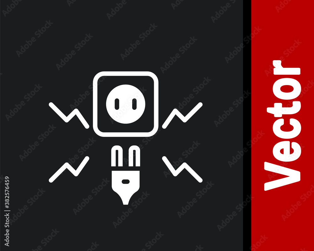 White Connecting electric plug with electricity spark icon isolated on black background. Vector.