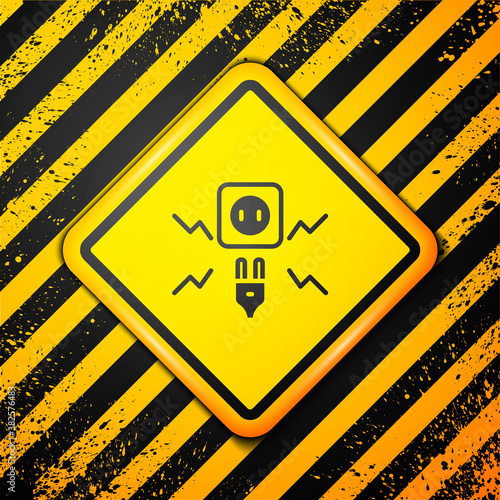 Black Connecting electric plug with electricity spark icon isolated on yellow background. Warning sign. Vector.
