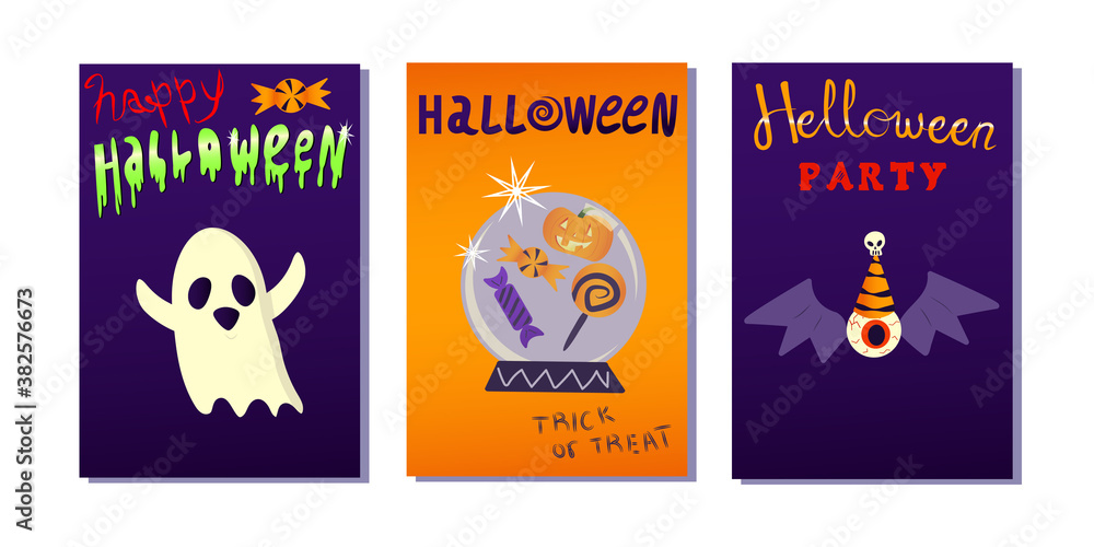 Halloween hand drawn invitation or greeting Cards set.Happy halloween.Pumpkin.Ghost.Bat-eye.Magic ball.Candy.Vector.