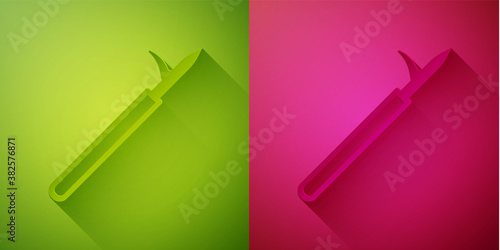 Paper cut Metal pike pole with wooden handle icon isolated on green and pink background. Spear, pickaxe, hook hand extinguishing instrument and tool for fireman. Paper art style. Vector.
