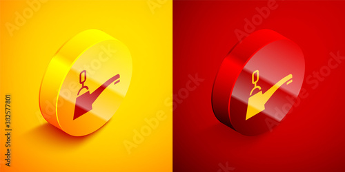 Isometric Water tap icon isolated on orange and red background. Circle button. Vector.