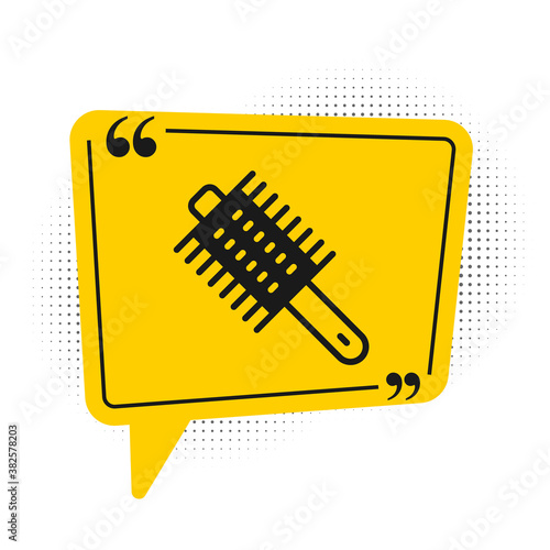 Black Hairbrush icon isolated on white background. Comb hair sign. Barber symbol. Yellow speech bubble symbol. Vector.