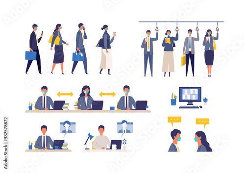 A day of working businessmen in the new normal lifestyles. Flat design vector illustration of masked business people.