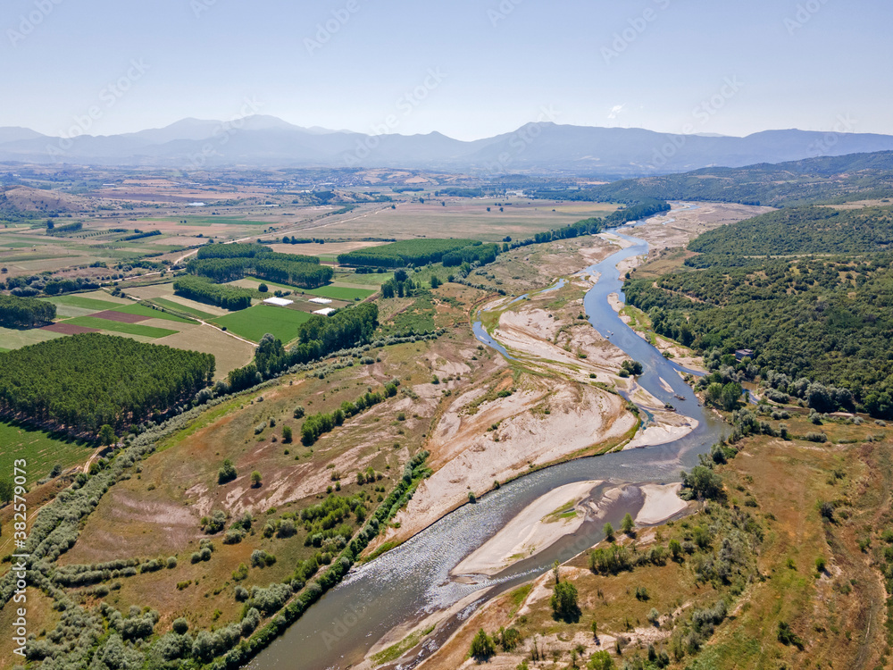 Struma river passing through the Petrich valley, Bulgaria