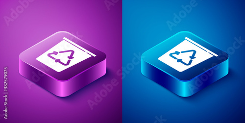 Isometric Recycle bin with recycle symbol icon isolated on blue and purple background. Trash can icon. Garbage bin sign. Recycle basket sign. Square button. Vector.