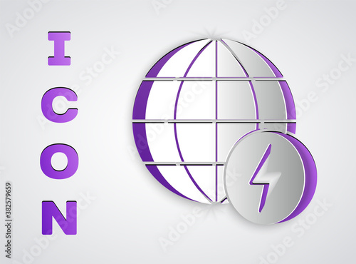 Paper cut Global energy power planet with flash thunderbolt icon isolated on grey background. Ecology concept and environmental. Paper art style. Vector.