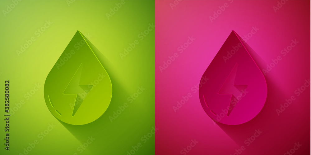 Paper cut Water energy icon isolated on green and pink background. Ecology concept with water droplet. Alternative energy concept. Paper art style. Vector. Paper cut Water energy icon isolated on green and pink background. Ecology concept with water droplet. Alternative energy concept. Paper art style. Vector.