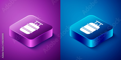 Isometric Propane gas tank icon isolated on blue and purple background. Flammable gas tank icon. Square button. Vector.