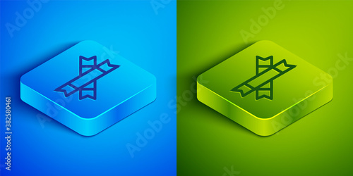 Isometric line Sugar stick packets icon isolated on blue and green background. Blank individual package for bulk food products as coffee, salt, spices. Square button. Vector Illustration.