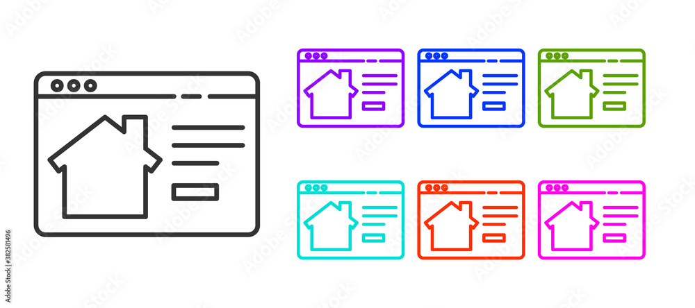 Black line Online real estate house in browser icon isolated on white background. Home loan concept, rent, buy, buying a property. Set icons colorful. Vector Illustration. Black line Online real estate house in browser icon isolated on white background. Home loan concept, rent, buy, buying a property. Set icons colorful. Vector Illustration.